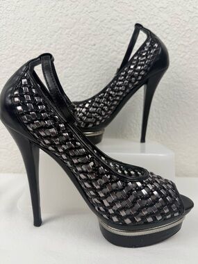 bebe Y2K-Inspired Woven Platform Stiletto Heels | Black Silver | Women's 6